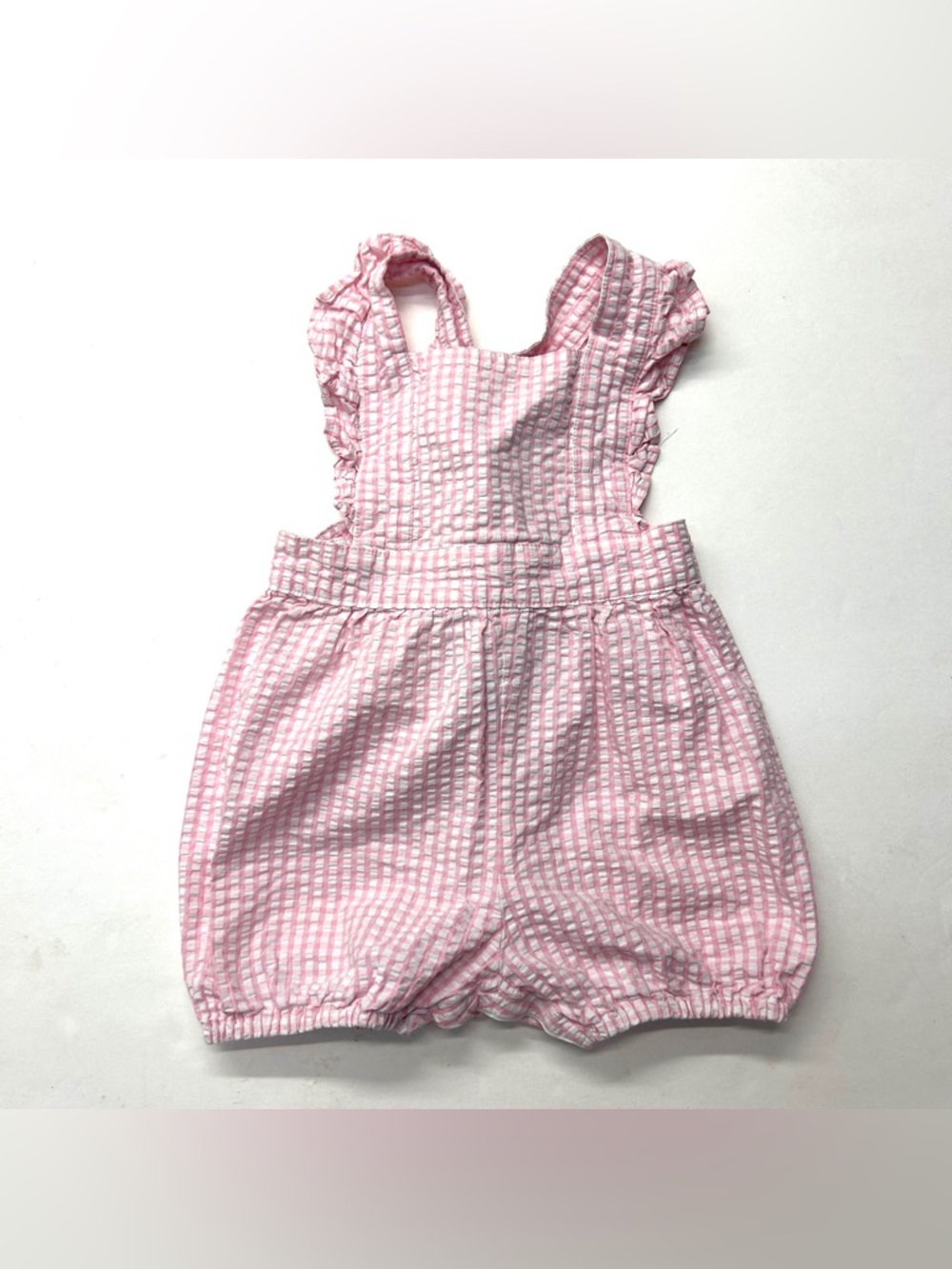 Little Laundry Pink Seersucker Ruffle Strap Gingham Bubble Romper Sunsuit Preppy